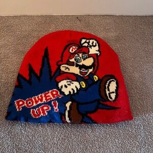 Vintage Super Mario Bros POWER UP! Red Knit Beanie Hat Boys Ninos‎ Garcons